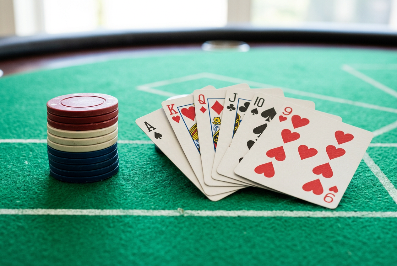 Detailný záber na pokerové žetóny a karty na zelenom plátne